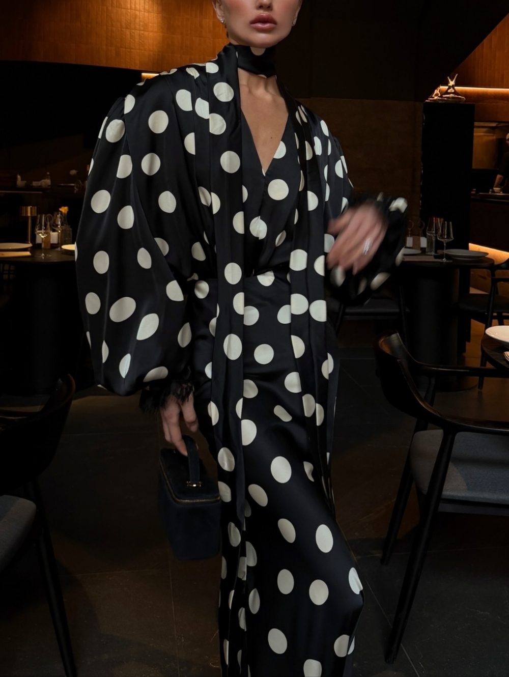 Polka Dot Dress Print Hanging Neck V-neck Bubble Sleeve Cinched Waist Fish Tai - Picture 1 of 12